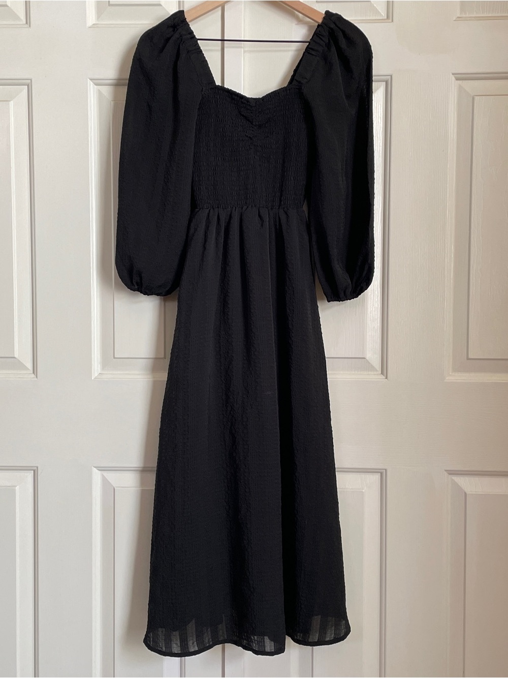Madewell Smocked Square Neck Puff-Sleeve Midi Dress, Black XXS